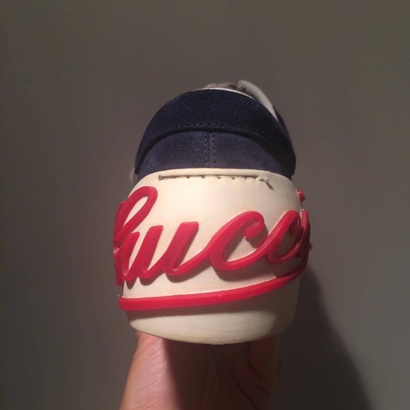 Gucci Blue Suede Script Logo Lace Up Low Sneakers Shoes size 8.5 - Picture 10 of 16